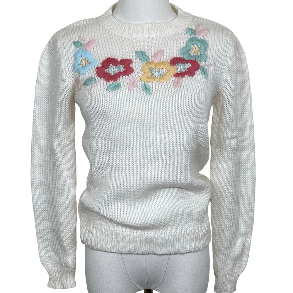 Vintage Floral Embroidered Knit Sweater Women S‎ White Pastel Secretary Coquette